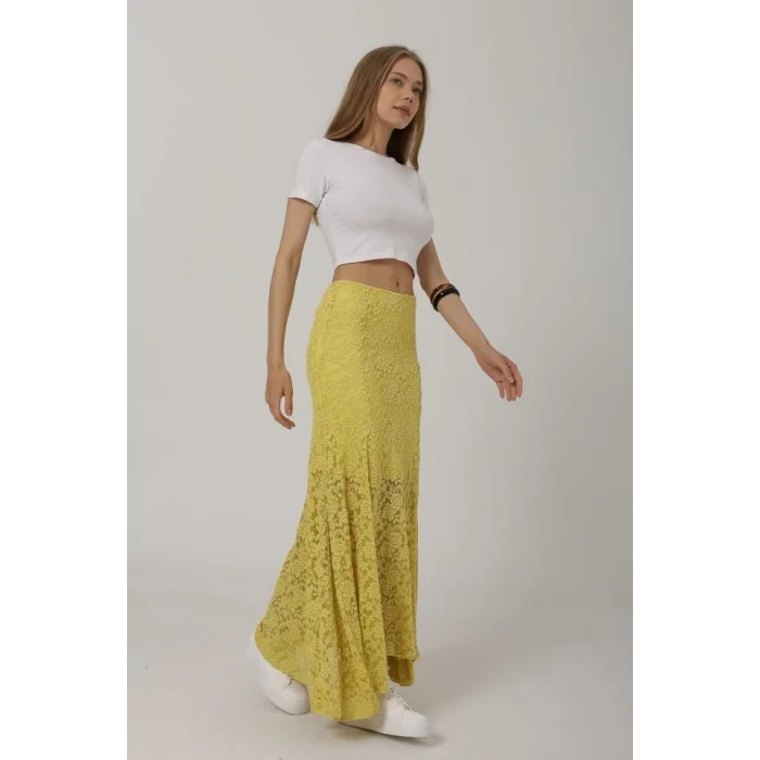 Bel Lastikli Dantel Etek - Sarı