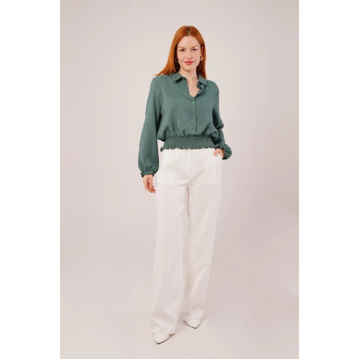 Bel Ve Bilek Lastikli Zümrüt Yeşili Bluz