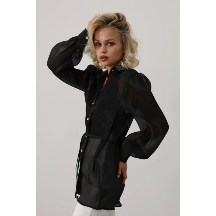 Belden Bağlamalı Uzun Kol Gömlek - Siyah