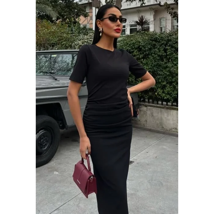 Beli Büzgülü Midi Elbise 2853