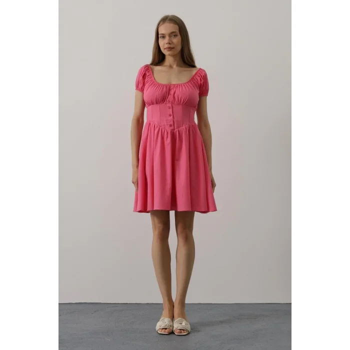 Beli Korseli Mini Elbise - Fuşya