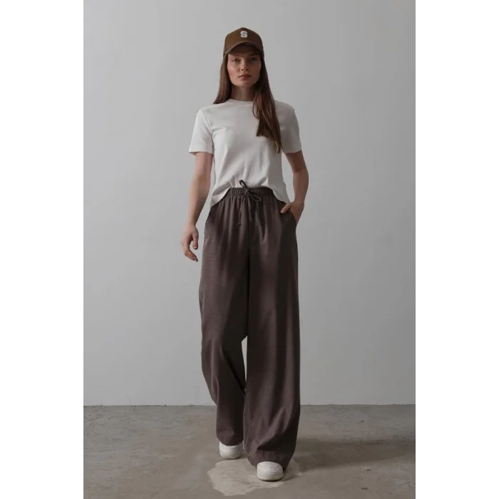 Beli Lastikli Bol Paça Pantolon - Kahve