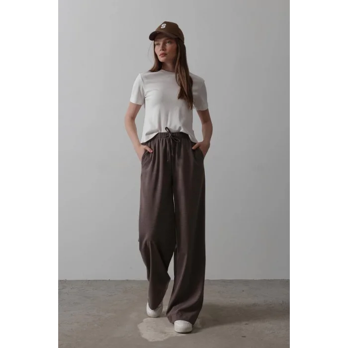 Beli Lastikli Bol Paça Pantolon - Kahve