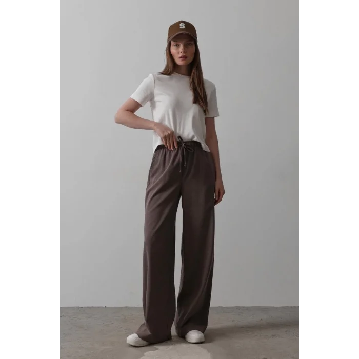 Beli Lastikli Bol Paça Pantolon - Kahve