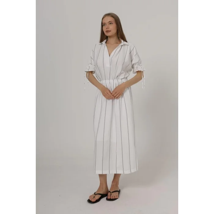 Beli Lastikli Elbise - Beyaz