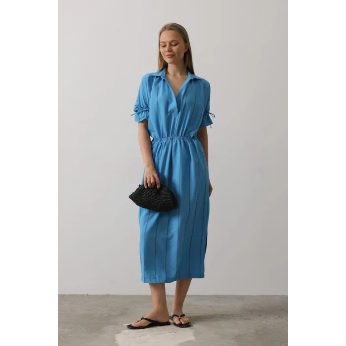 Beli Lastikli Elbise - Mavi