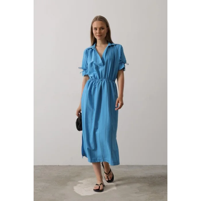 Beli Lastikli Elbise - Mavi