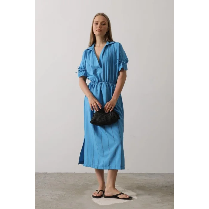 Beli Lastikli Elbise - Mavi