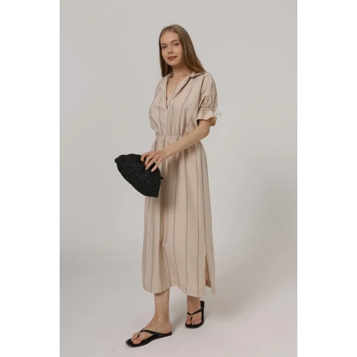 Beli Lastikli Elbise - Taş