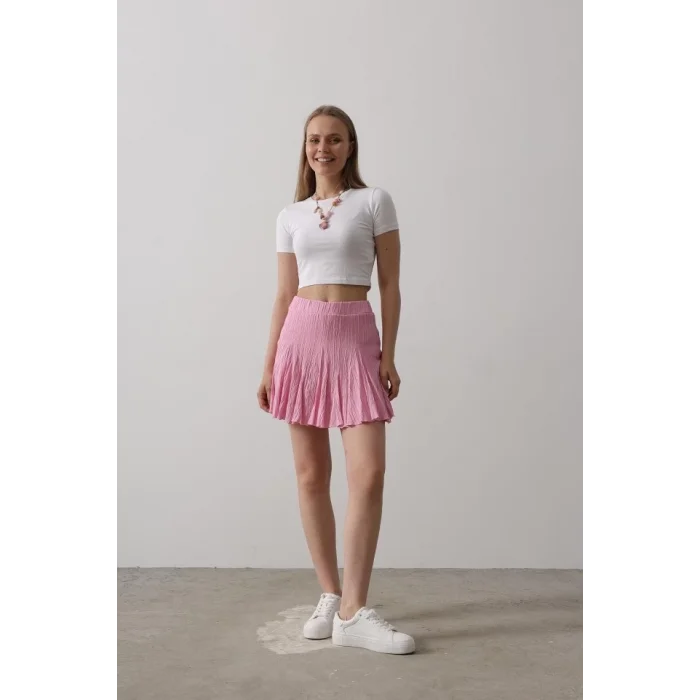 Beli Lastikli Mini Etek - Pembe
