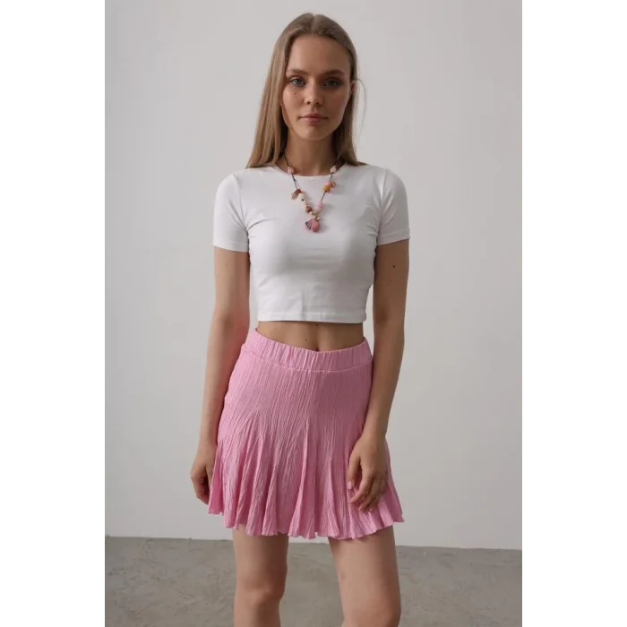 Beli Lastikli Mini Etek - Pembe