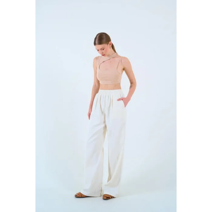 Beli Lastikli Palazo Pantolon - Taş