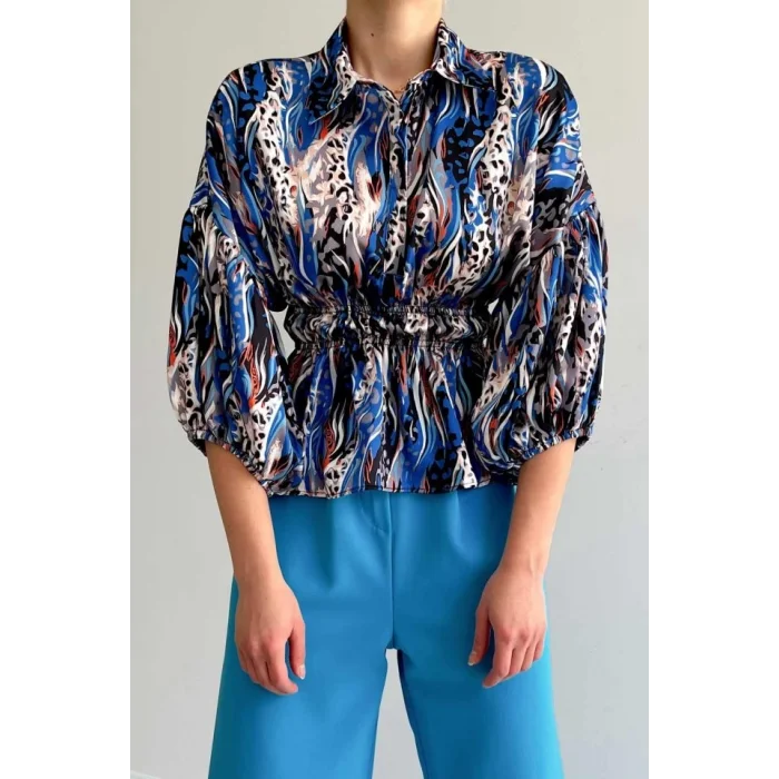 Beli Lastikli Saten Gömlek - Mavi