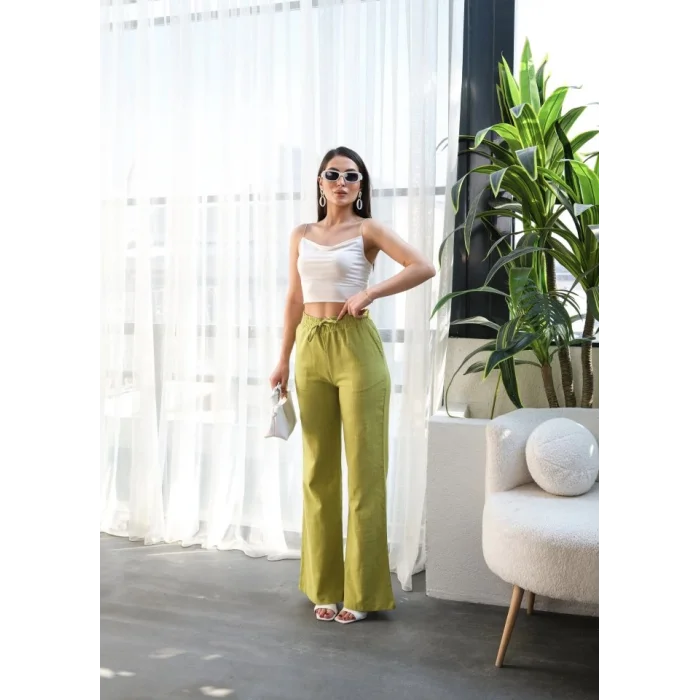 Beli̇ Lasti̇kli̇ Ve Bağcikli Keten Pantolon