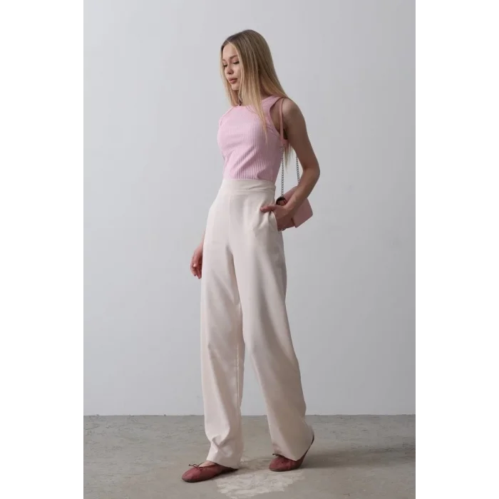 Beli Yarım Lastikli Palazzo Pantolon - Pudra