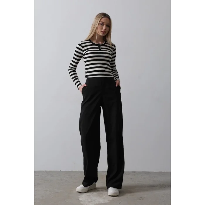 Beli Yarım Lastikli Palazzo Pantolon - Siyah