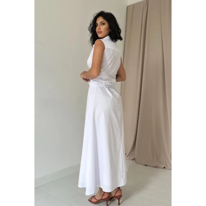 Beyaz Gömlek Yaka Bağlamalı Elbise