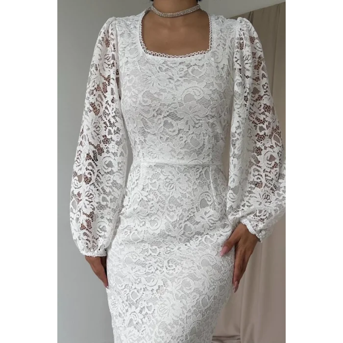 Beyaz Güpür Detaylı Dantel Elbise