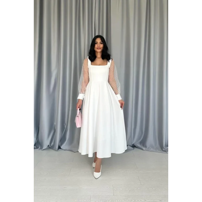 Beyaz Kolları Organze Kuplu Elbise