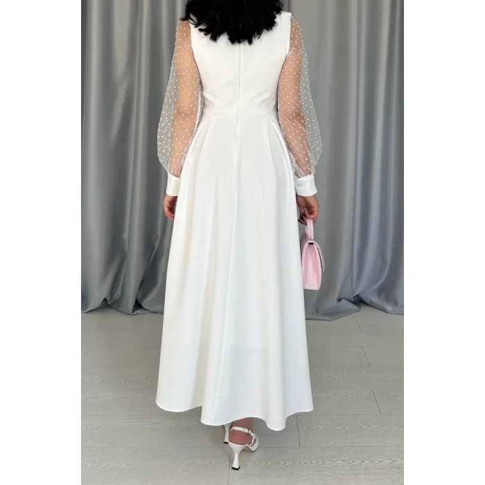 Beyaz Kolları Organze Kuplu Elbise