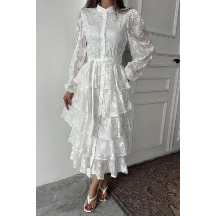 Beyaz Valonlu Şeritli Kat Kat Elbise