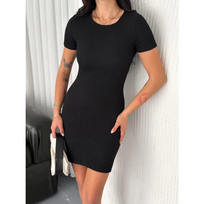 Bisiklet Yaka Kısa Kol Likralı Elbise - Siyah