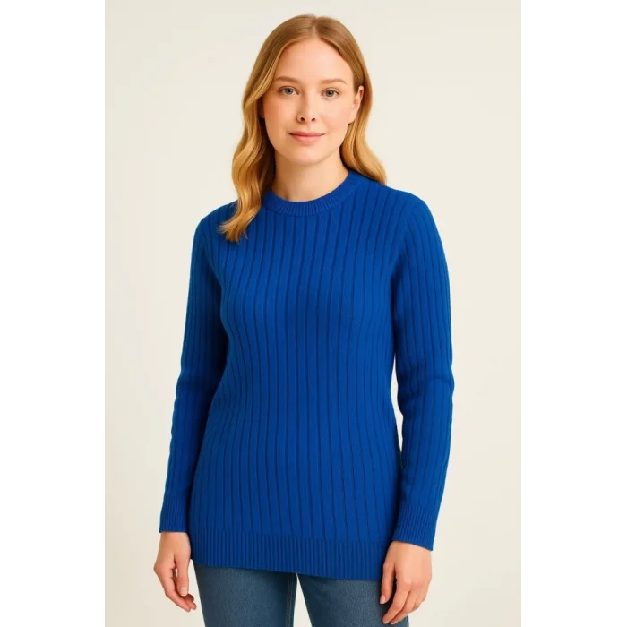 Bisiklet Yuvarlak Yaka Triko Kazak Pamuklu Kalın Fitilli Dokuma, Regular Fit Uzun Kollu Kışlık Model - Saks Mavisi