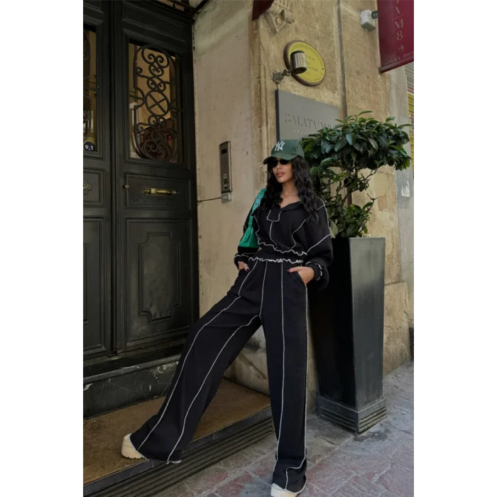 BİYELİ BLUZ PANTOLON TAKIM ŞÖNİL KUMAŞ - Siyah