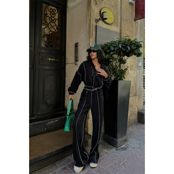 BİYELİ BLUZ PANTOLON TAKIM ŞÖNİL KUMAŞ - Siyah