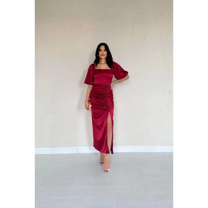 Bordo Büzgülü Saten Elbise