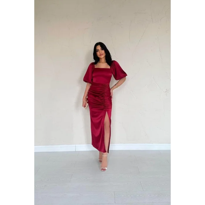 Bordo Büzgülü Saten Elbise