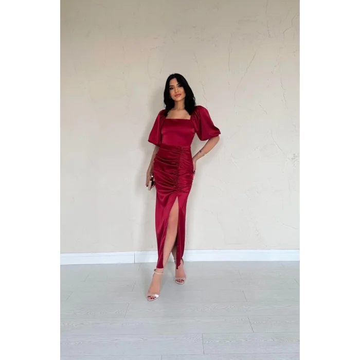Bordo Büzgülü Saten Elbise