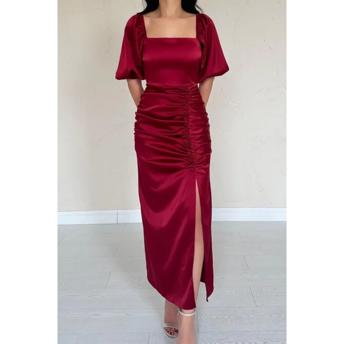 Bordo Büzgülü Saten Elbise