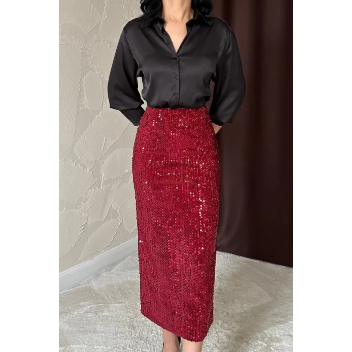 Bordo Pulpayetli Parlak Etek