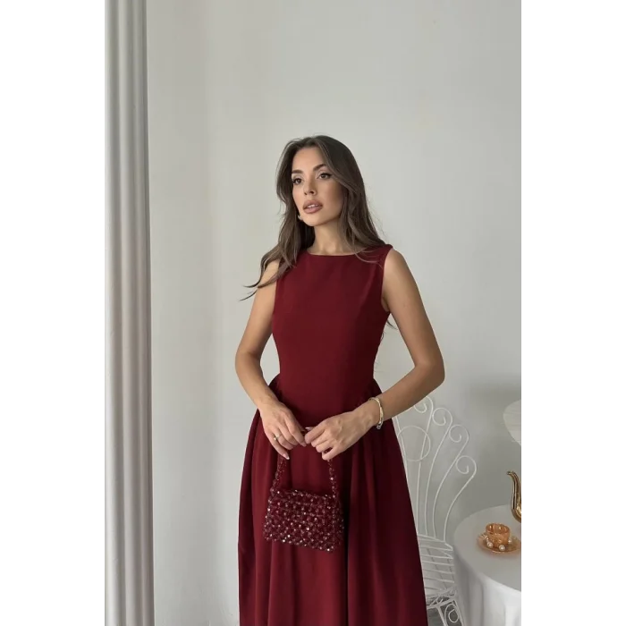 Bordo Yanları Büzgülü Midi Boy Keten Elbise