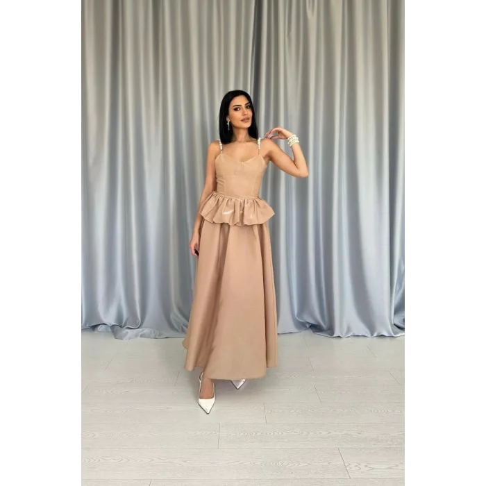 Camel Beli Büzgülü İnci Askılı Uzun Elbise
