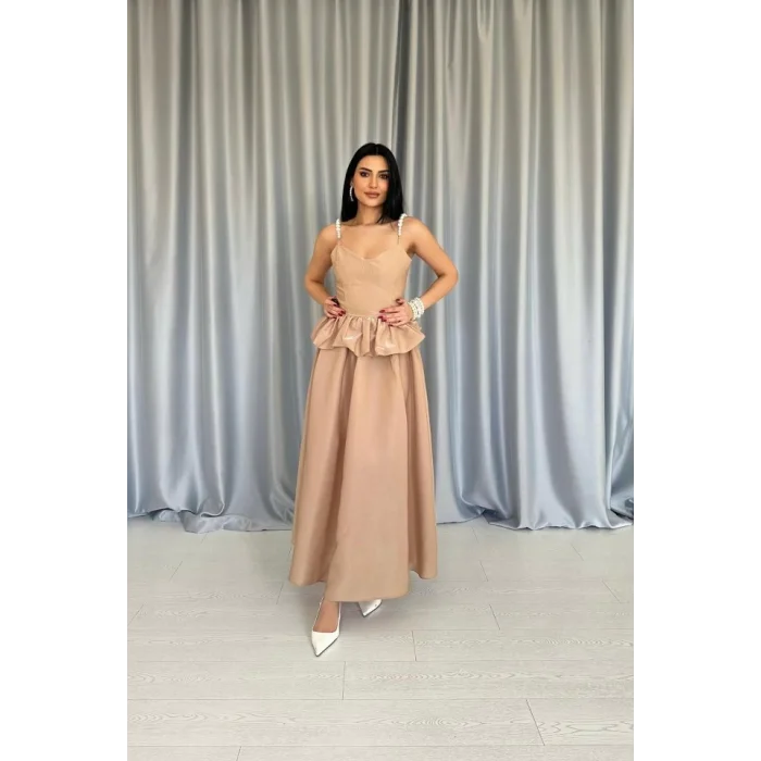 Camel Beli Büzgülü İnci Askılı Uzun Elbise