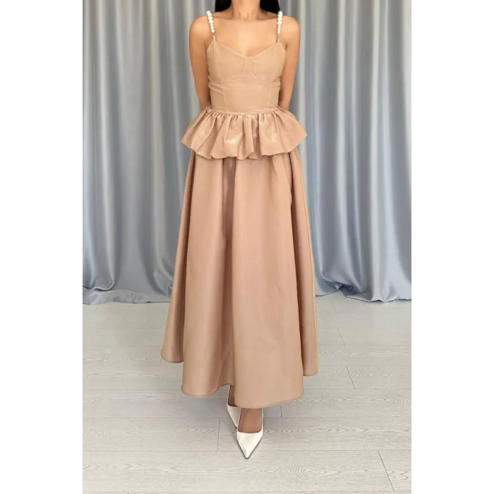 Camel Beli Büzgülü İnci Askılı Uzun Elbise
