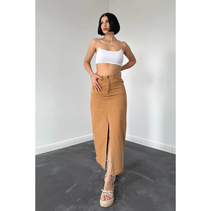 Camel Gabardin Boyamalı Püsküllü Etek