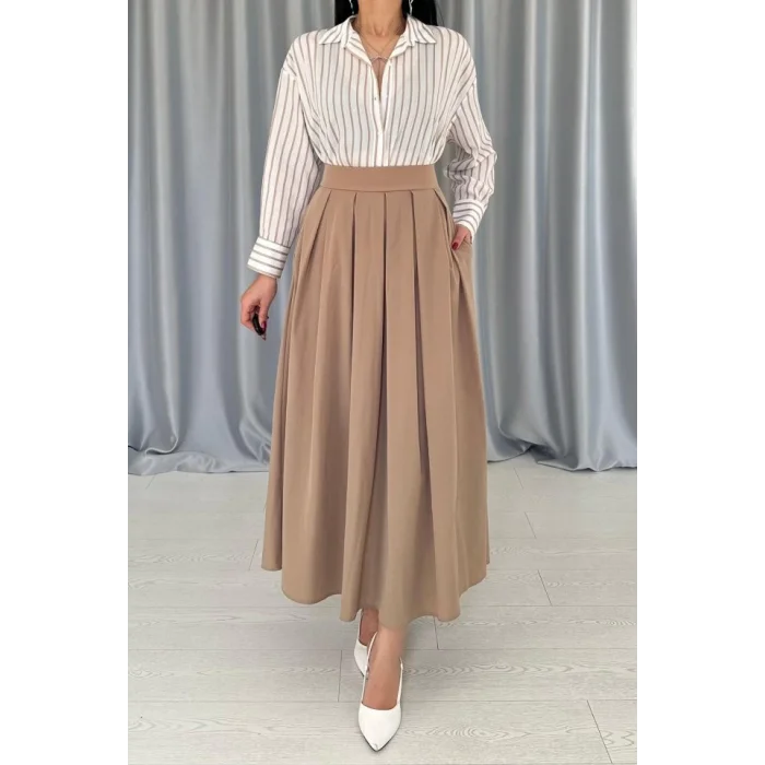 Camel Uzun Pileli Etek