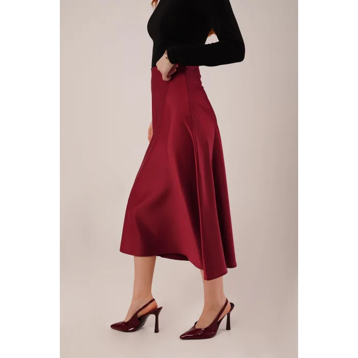 Çan Kesim Midi Bordo Saten Etek