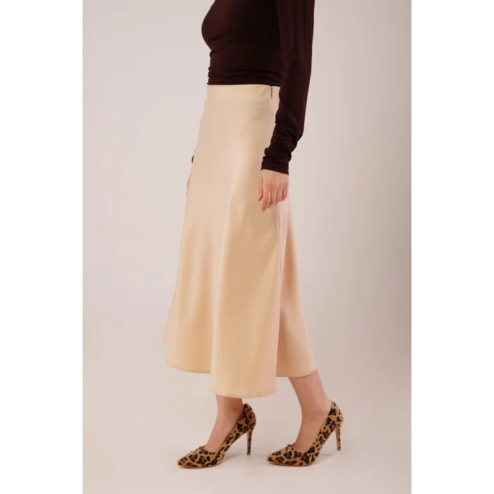 Çan Kesim Midi Krem Saten Etek