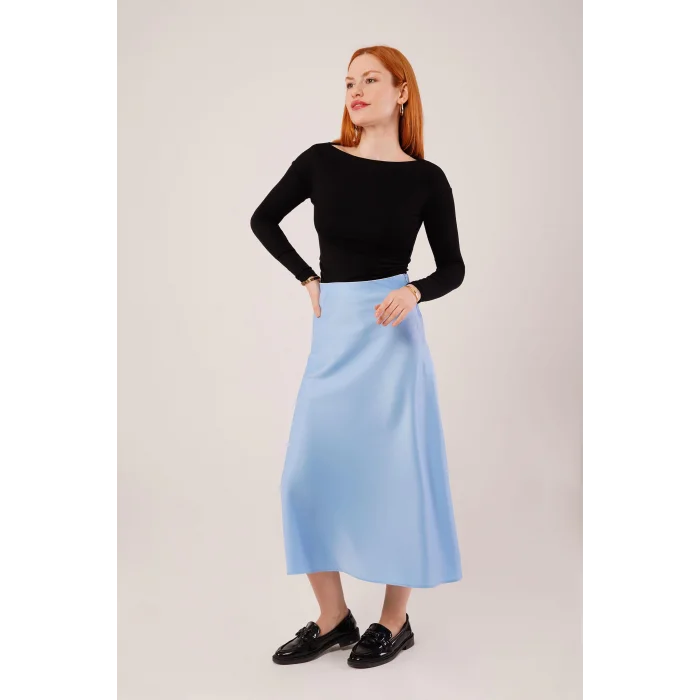 Çan Kesim Midi Mavi Saten Etek