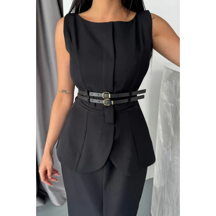 CEKET-ETEK GÖRÜNÜMLÜ ELBİSEÇİFT KEMER DETAYLI - Siyah