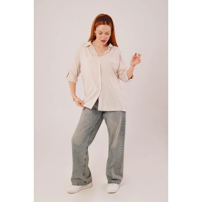 Cep Detay Çizgili Oversize Krem Gömlek