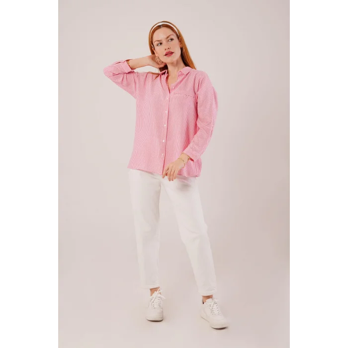 Cep Detay Çizgili Oversize Pembe Gömlek