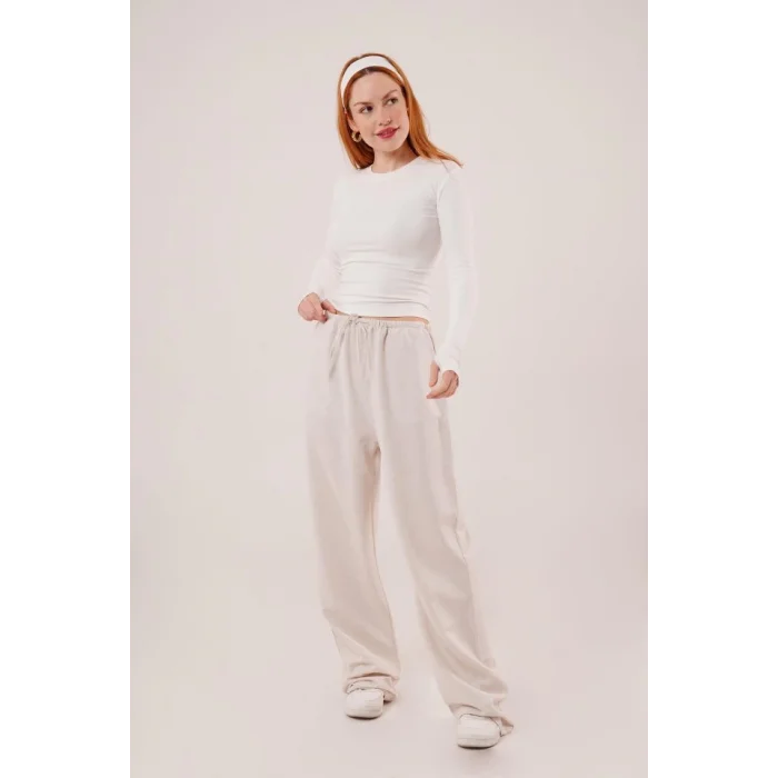 Cepli Bağlama Detaylı Keten Ekru Pantolon