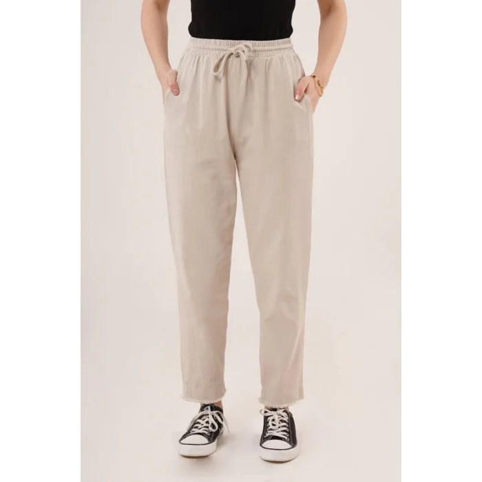 Cepli Belden Bağlamalı Paça Detaylı Krem Pantolon