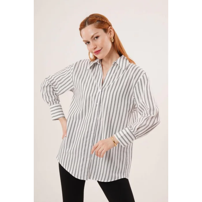 Çift Çizgi Geçişli Düğmeli Gri Gömlek