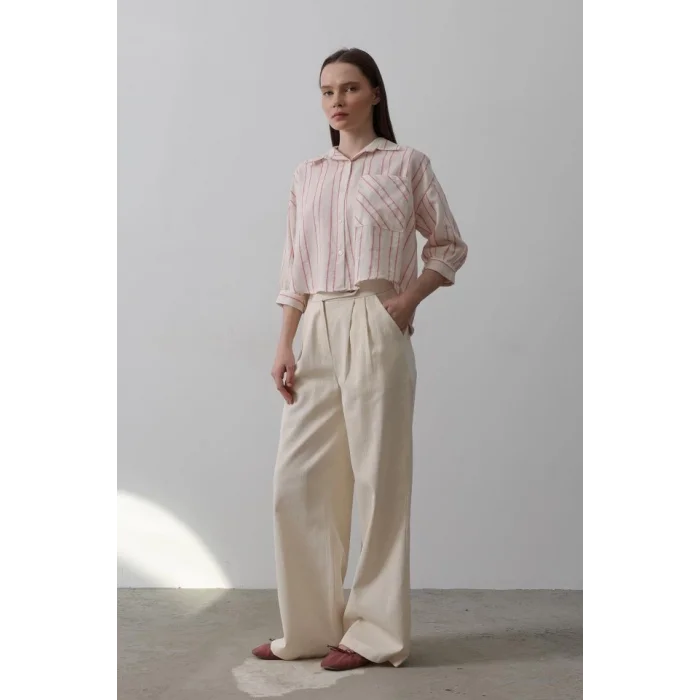 Çift Pileli Palazzo Pantolon - Natür